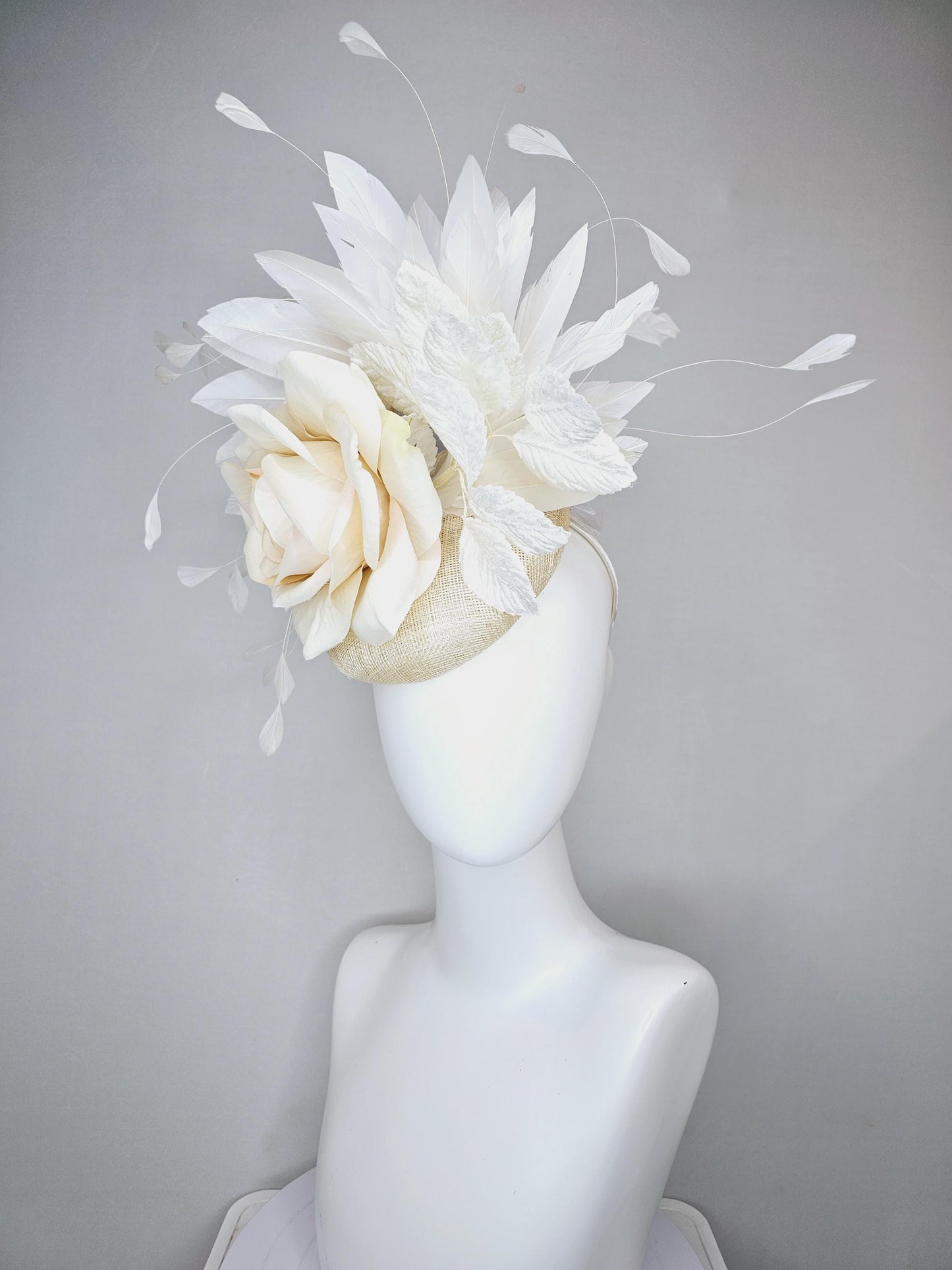 kentucky derby hat fascinator ivory cream neutral sinamay,white ivory satin silk rose flowers,white leaves,white ivory branching feathers