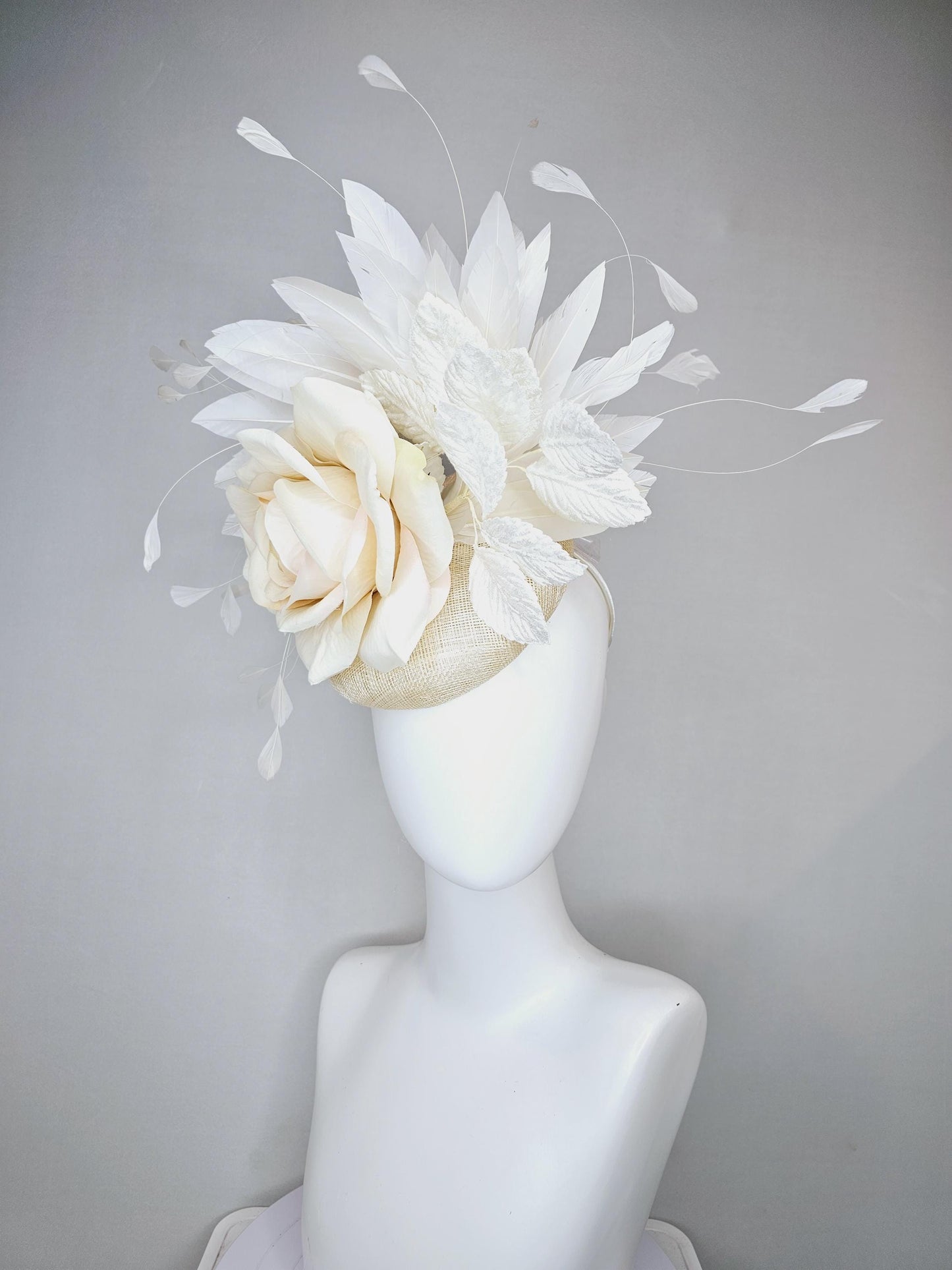 kentucky derby hat fascinator ivory cream neutral sinamay,white ivory satin silk rose flowers,white leaves,white ivory branching feathers