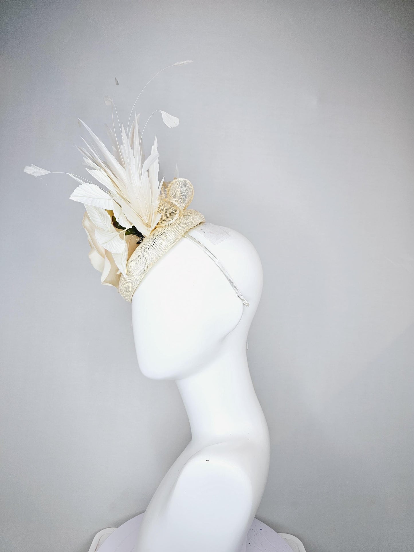 kentucky derby hat fascinator ivory cream neutral sinamay,white ivory satin silk rose flowers,white leaves,white ivory branching feathers