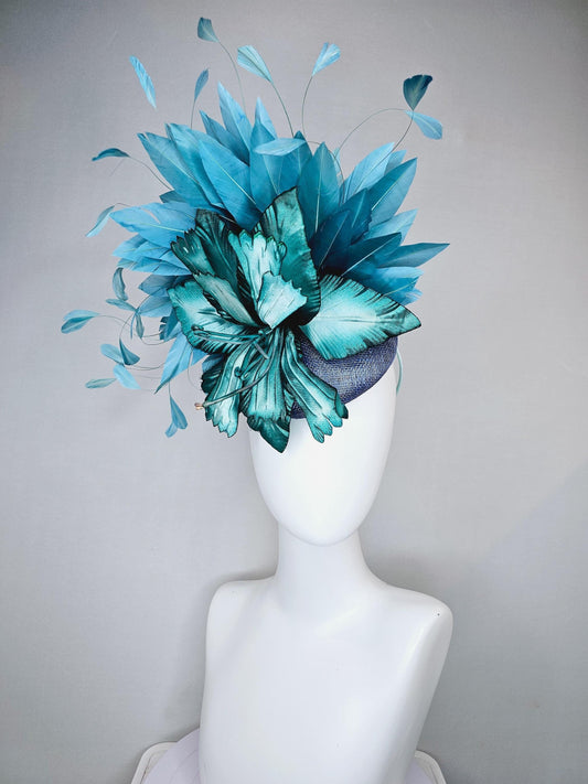 kentucky derby hat fascinator navy blue sinamay, ombre teal blue satin silk flower, light and dark blue branching feathers