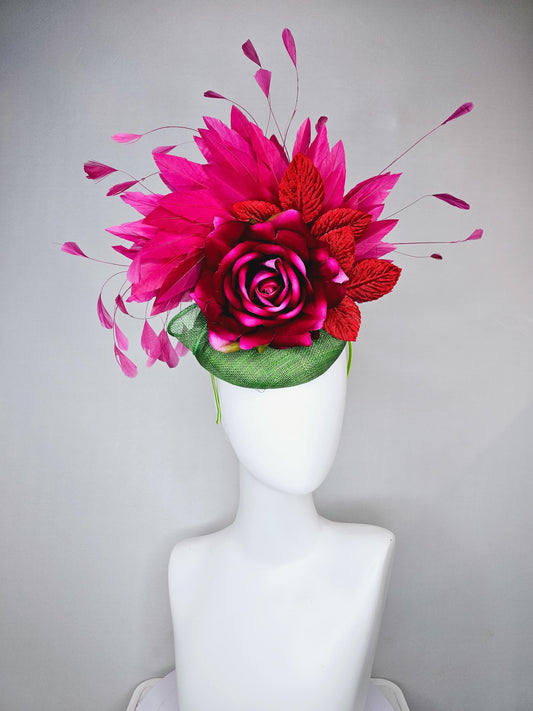 kentucky derby hat fascinator green sinamay with pink fuchsia satin silk rose flower and red leaves, pink branching feathers