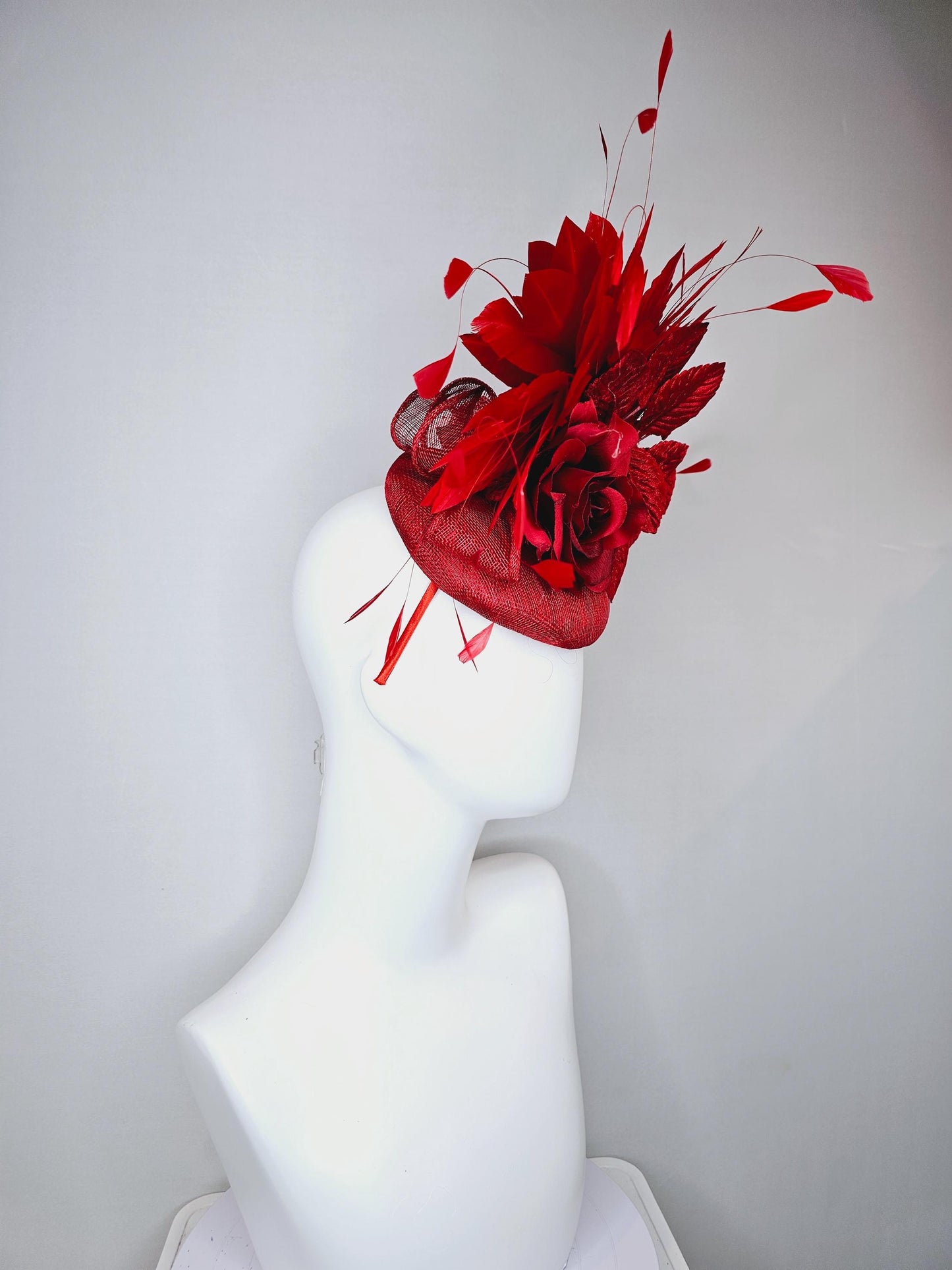 kentucky derby hat fascinator red sinamay with red satin silk rose flower and red leaves, red branching feathers