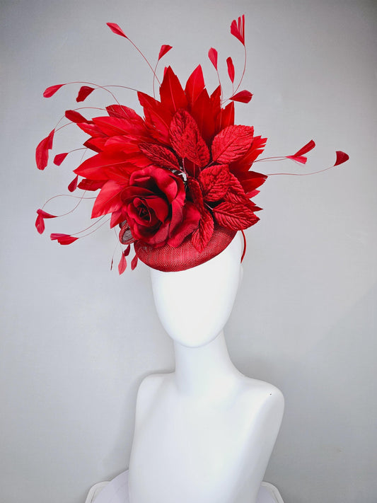 kentucky derby hat fascinator red sinamay with red satin silk rose flower and red leaves, red branching feathers