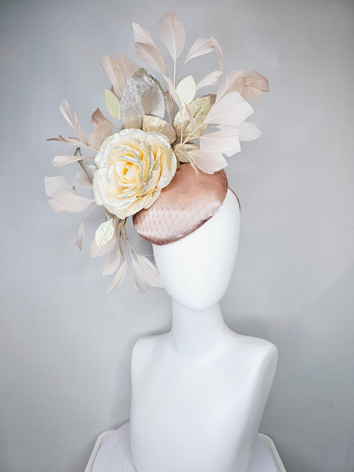 kentucky derby hat fascinator champagne satin with netting,ivory beige satin rose flower with gold leaves,light tan branching feathers