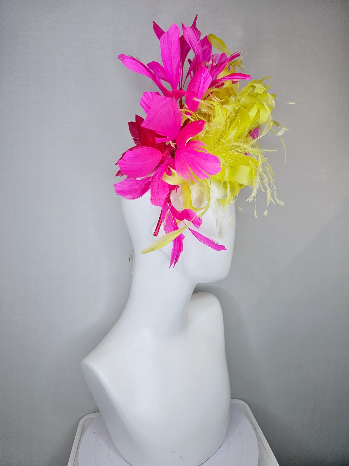 kentucky derby hat fascinator yellow feather flower with pink fuchsia feathers, thin headband