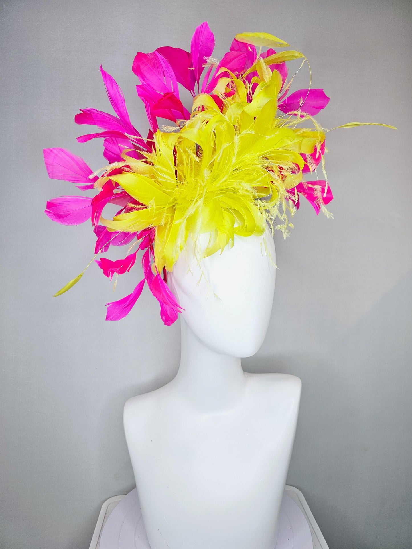 kentucky derby hat fascinator yellow feather flower with pink fuchsia feathers, thin headband