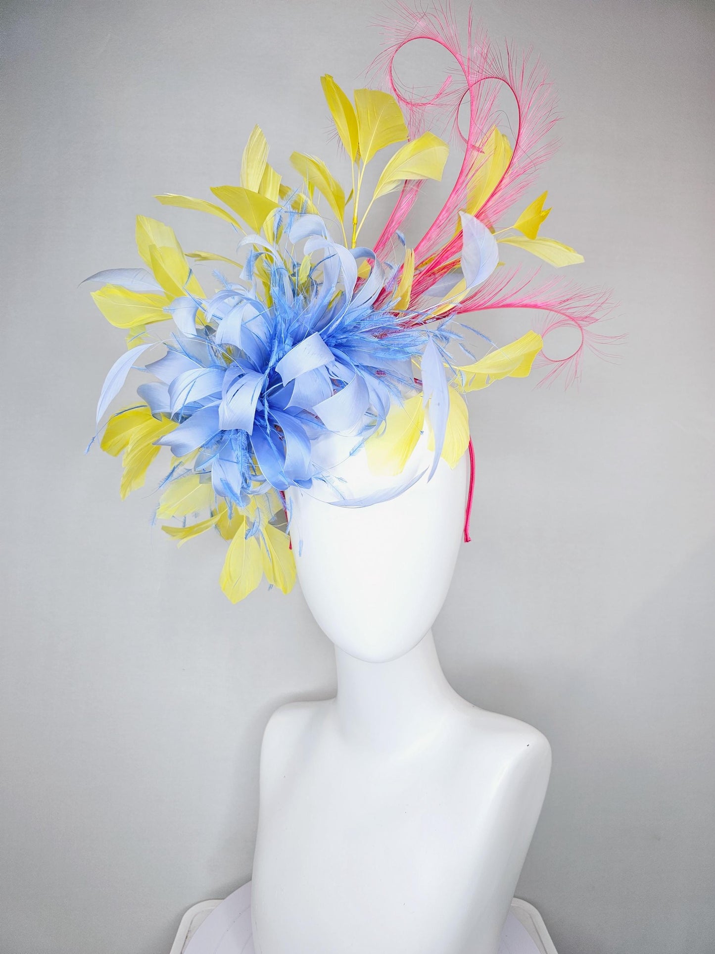 kentucky derby hat fascinator sky blue feather flower with yellow feathers, pink feathers, thin headband