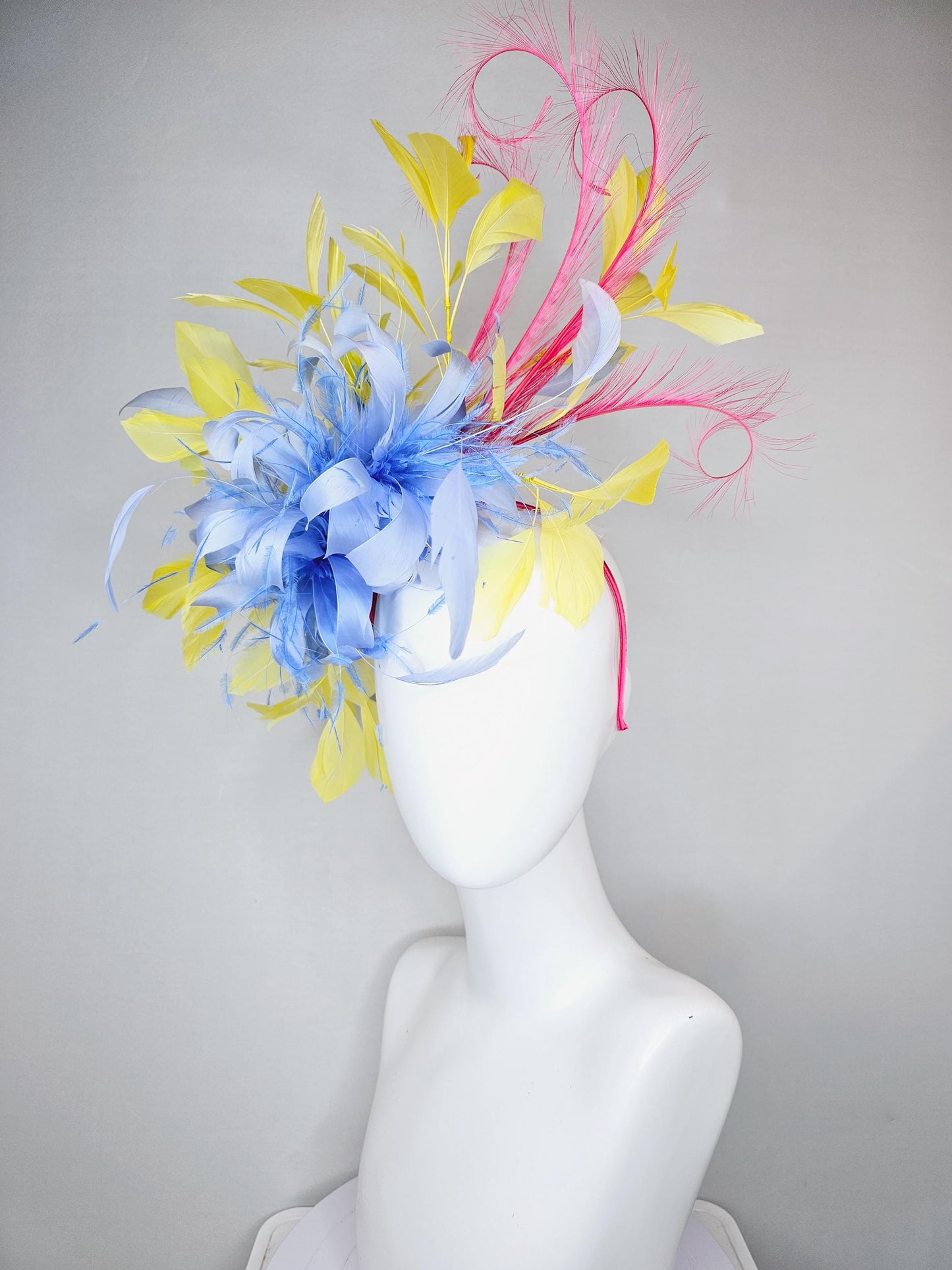 kentucky derby hat fascinator sky blue feather flower with yellow feathers, pink feathers, thin headband