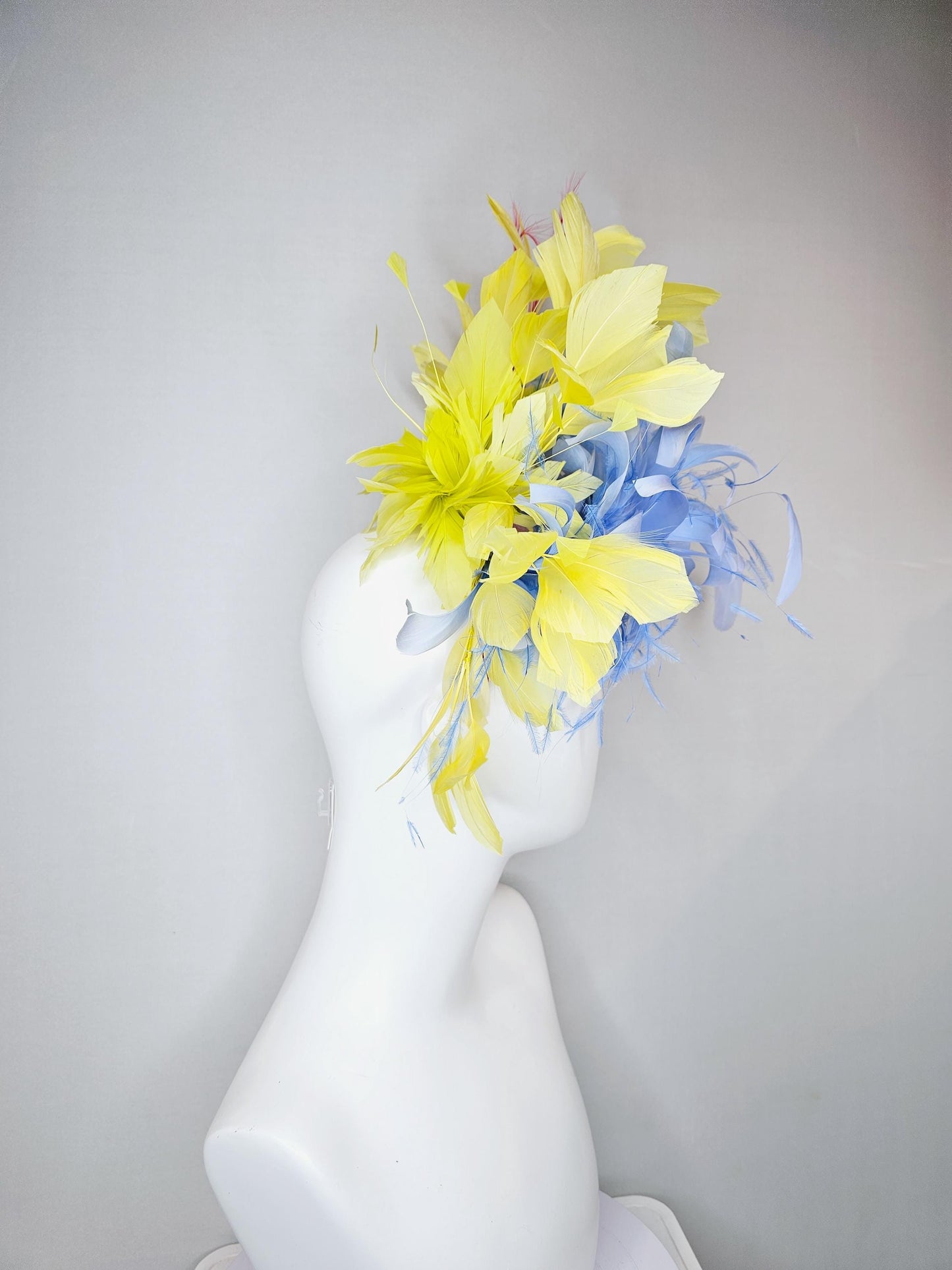 kentucky derby hat fascinator sky blue feather flower with yellow feathers, pink feathers, thin headband