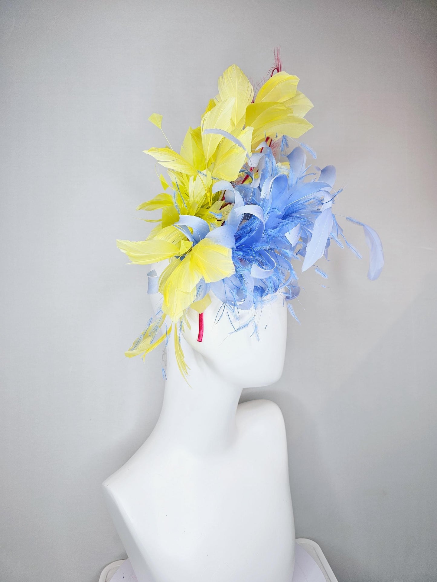 kentucky derby hat fascinator sky blue feather flower with yellow feathers, pink feathers, thin headband