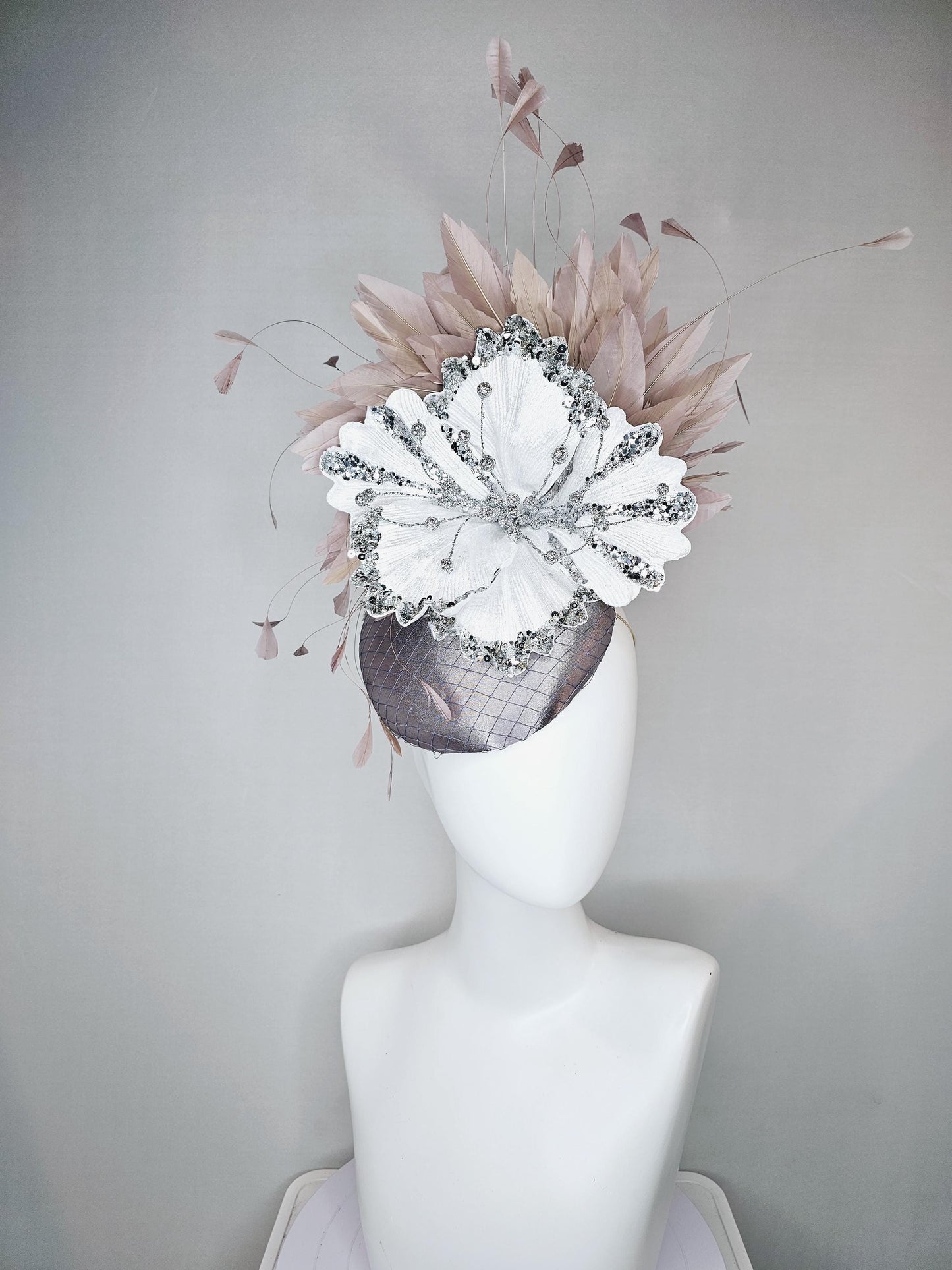 kentucky derby hat fascinator gray silver satin with netting, white sequin silver satin flower and taupe neutral  branching feathers