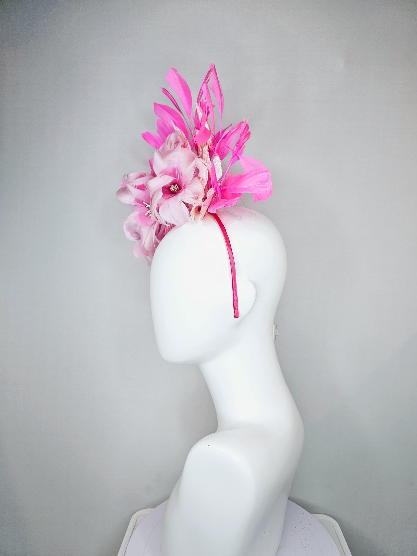 kentucky derby hat fascinator baby pink feather flower with blush pink leaves and pink feathers, thin headband