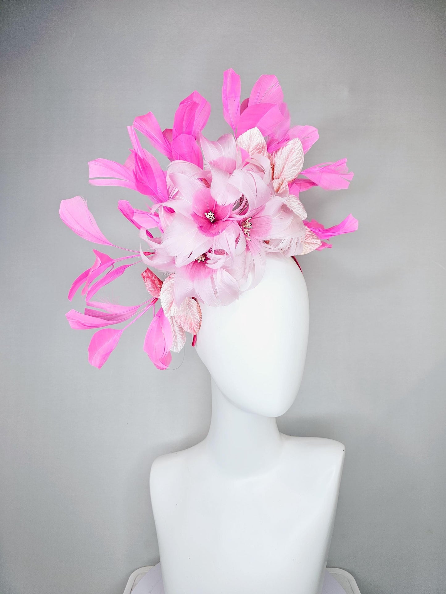 kentucky derby hat fascinator baby pink feather flower with blush pink leaves and pink feathers, thin headband