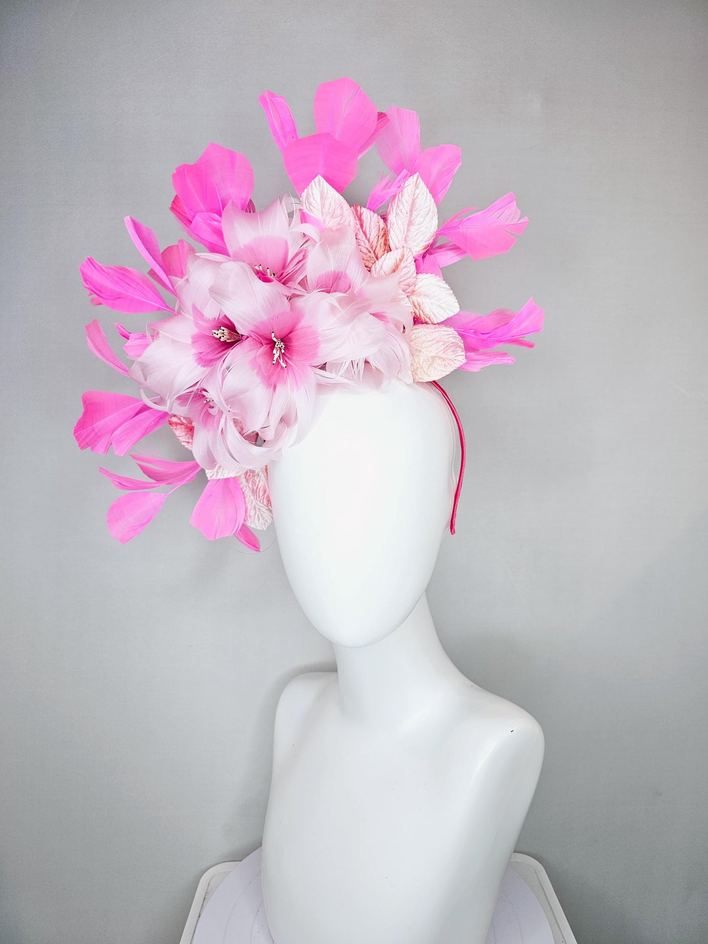 kentucky derby hat fascinator baby pink feather flower with blush pink leaves and pink feathers, thin headband