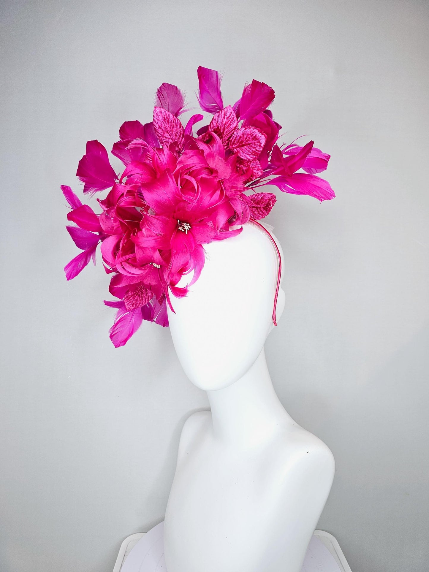 kentucky derby hat fascinator bright hot pink feather flowers with bright pink leaves and fuchsia pink feathers, thin headband