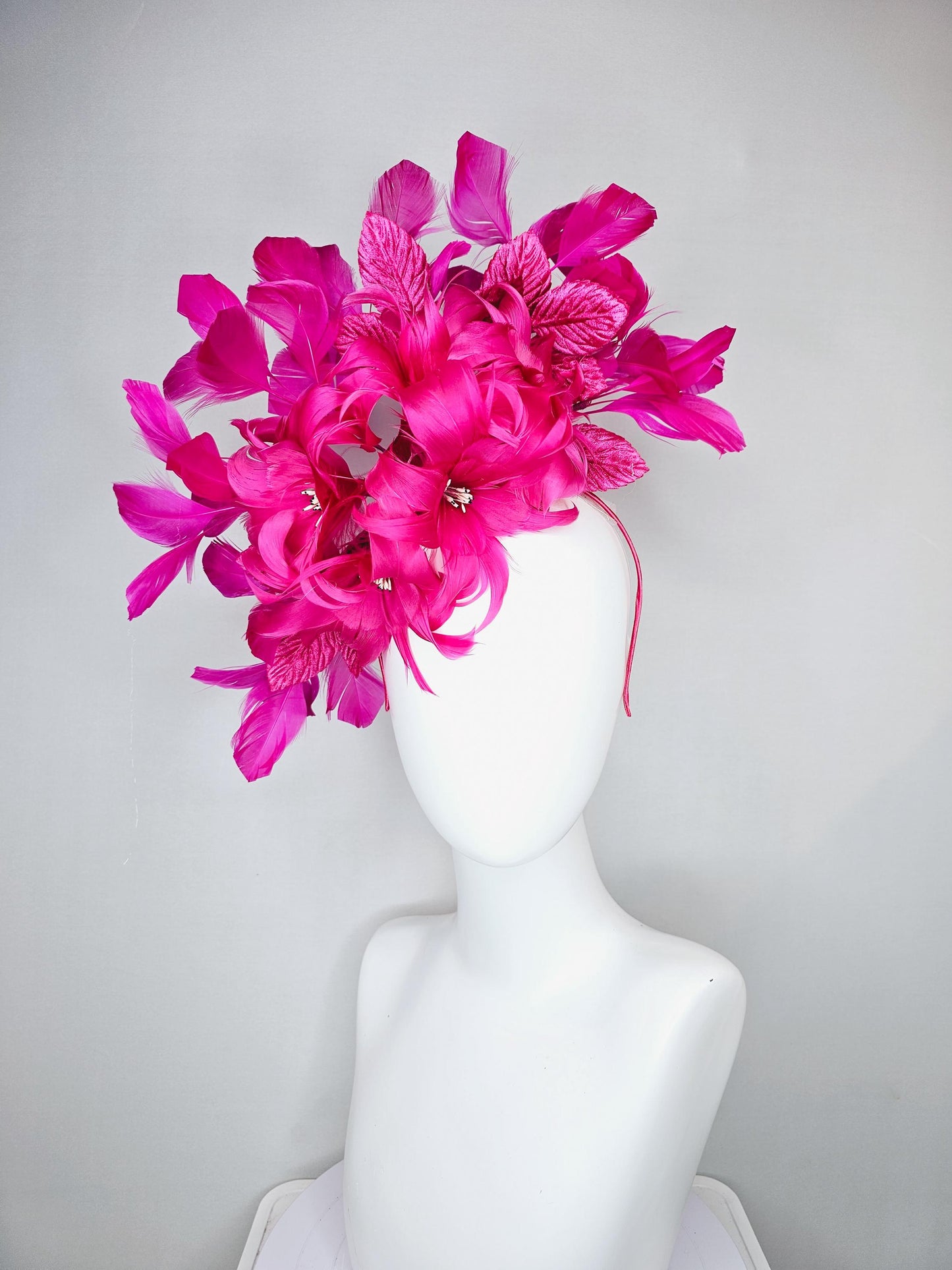 kentucky derby hat fascinator bright hot pink feather flowers with bright pink leaves and fuchsia pink feathers, thin headband