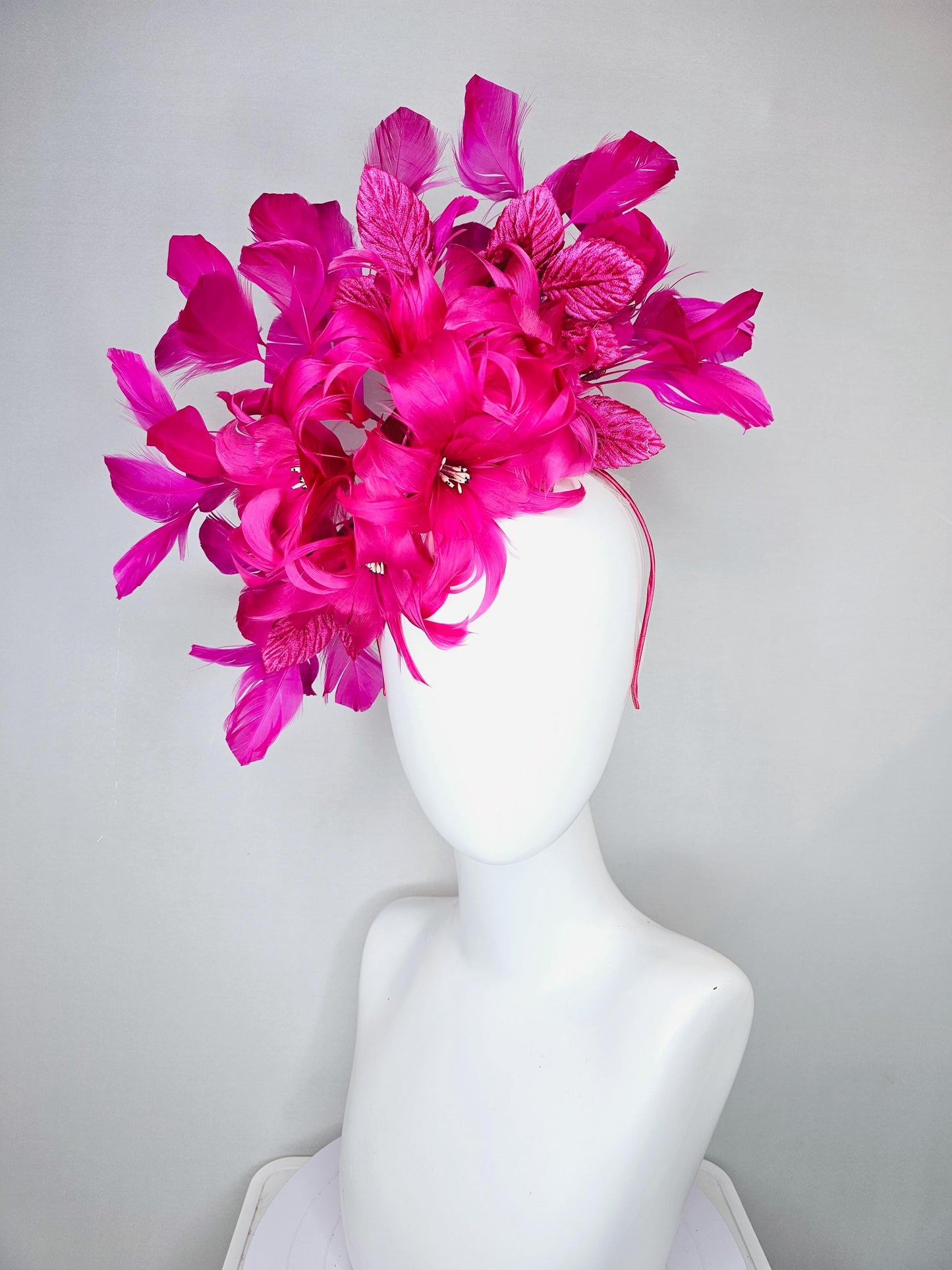 kentucky derby hat fascinator bright hot pink feather flowers with bright pink leaves and fuchsia pink feathers, thin headband