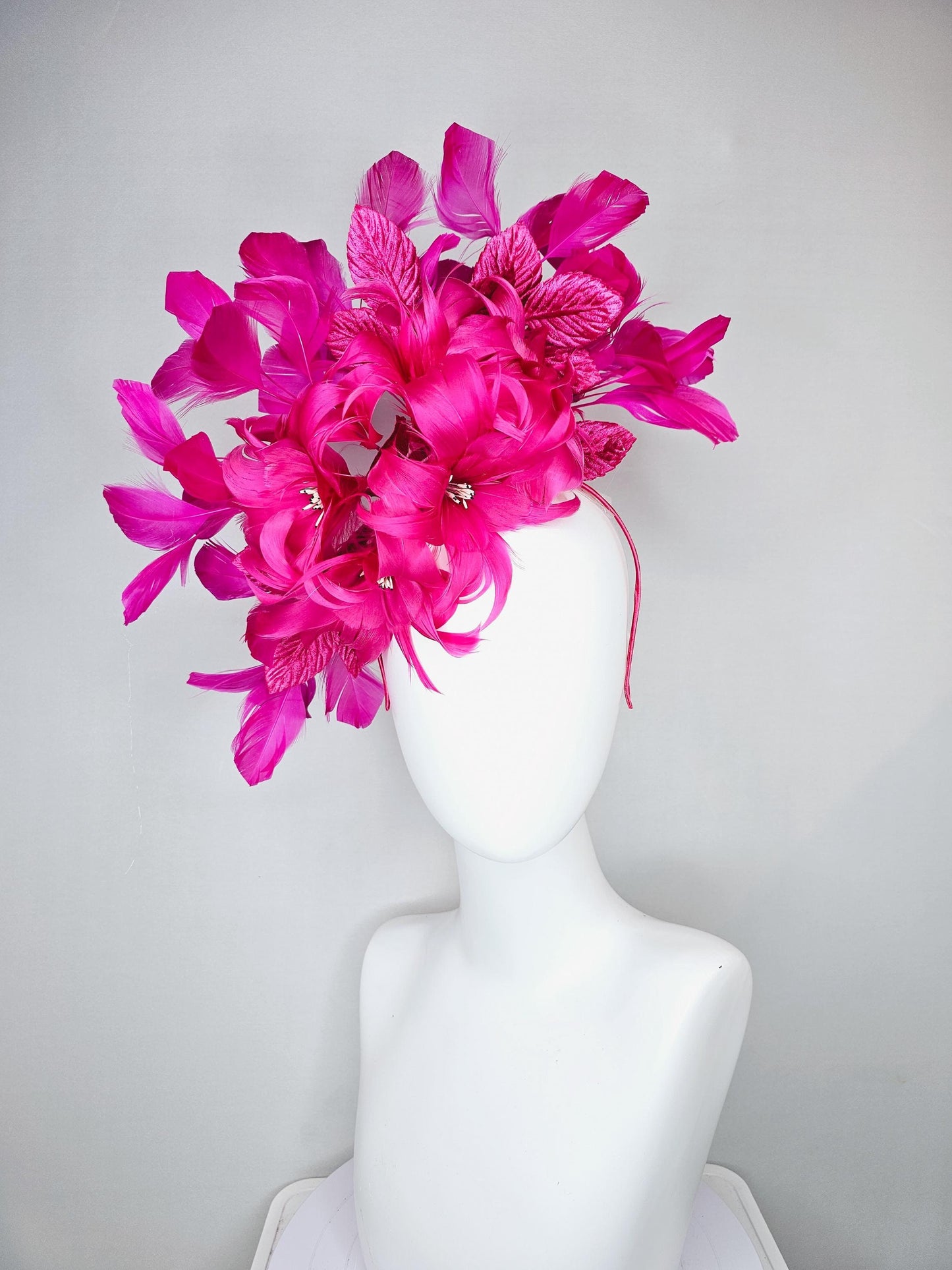 kentucky derby hat fascinator bright hot pink feather flowers with bright pink leaves and fuchsia pink feathers, thin headband