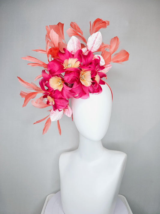 kentucky derby hat fascinator pink feather flowers with light blush pink leaves and coral orange feathers, thin headband