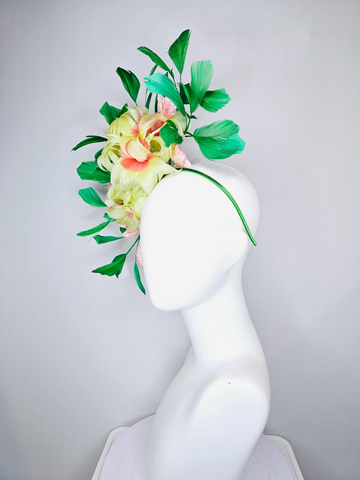 kentucky derby hat fascinator yellow feather flowers with ombre peach leaves and green feathers, thin headband