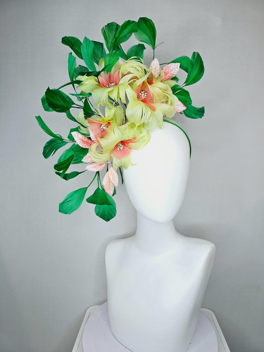 kentucky derby hat fascinator yellow feather flowers with ombre peach leaves and green feathers, thin headband