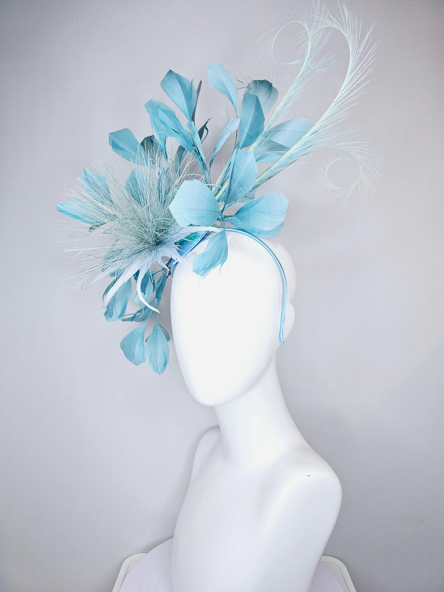 kentucky derby hat fascinator with light sky baby blue feather flower and light sky baby blue feathers, thin headband