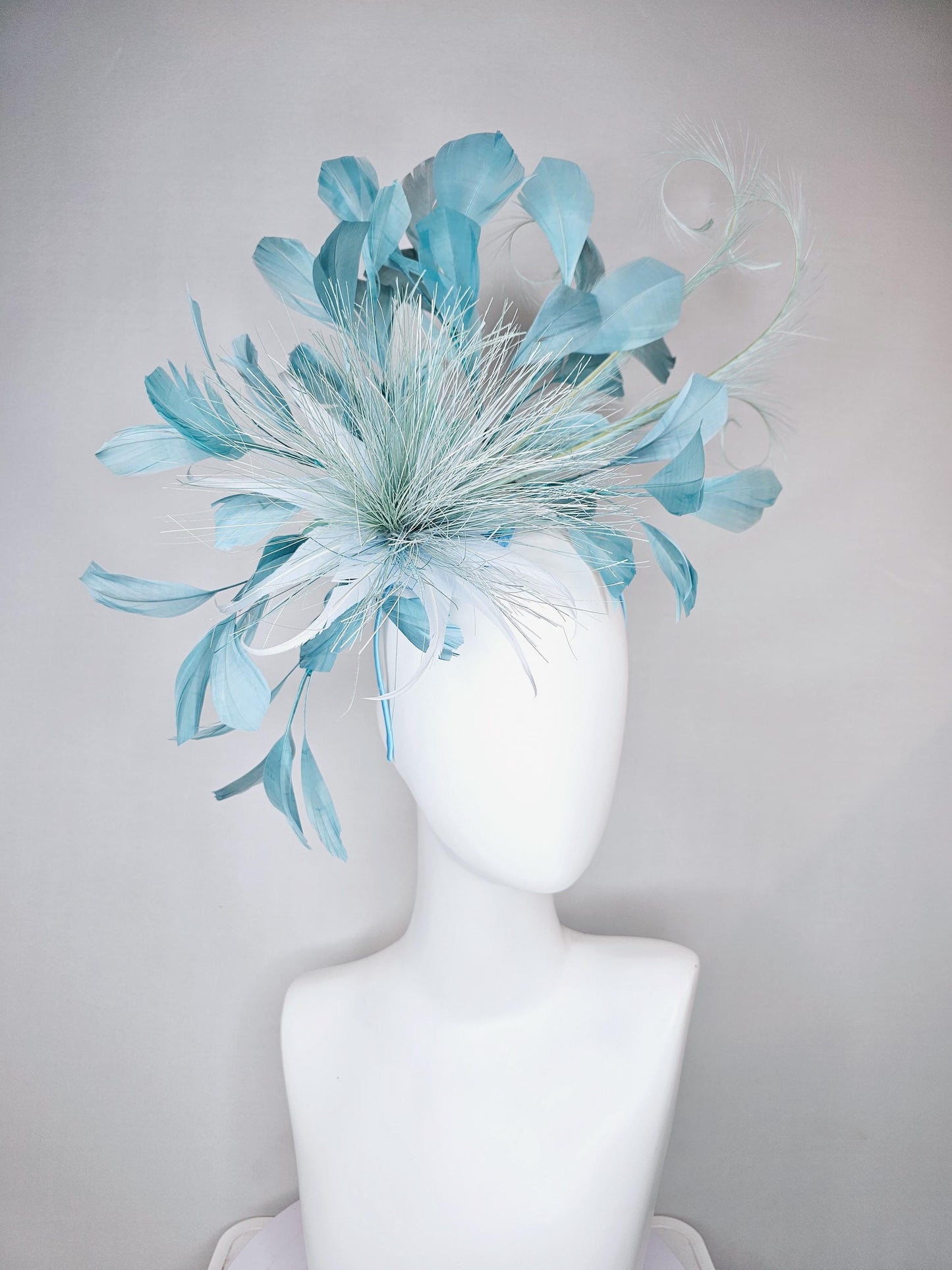 kentucky derby hat fascinator with light sky baby blue feather flower and light sky baby blue feathers, thin headband