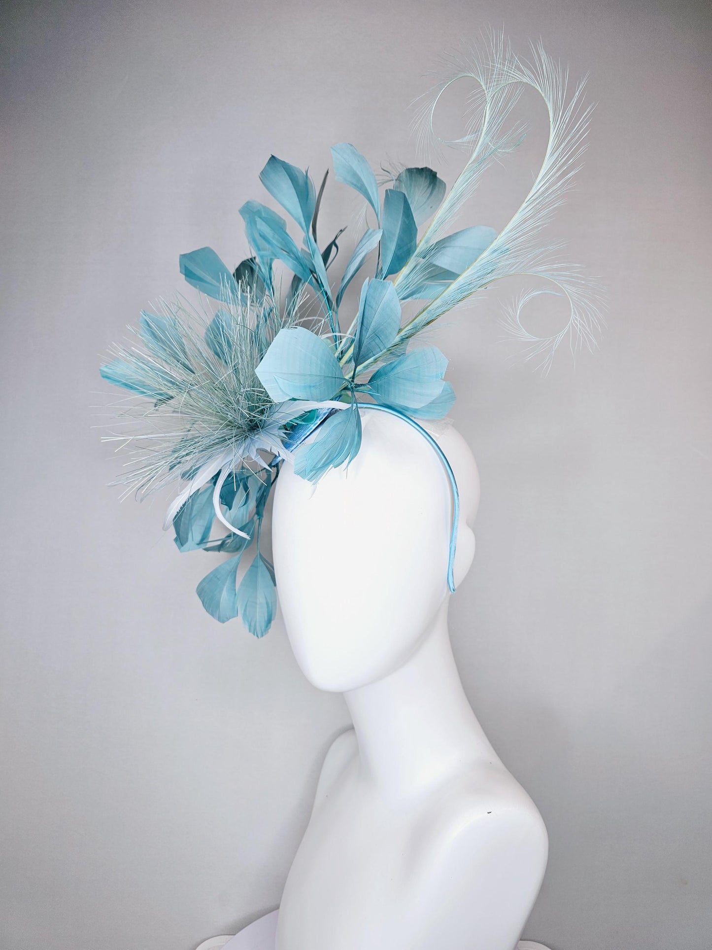 kentucky derby hat fascinator with light sky baby blue feather flower and light sky baby blue feathers, thin headband