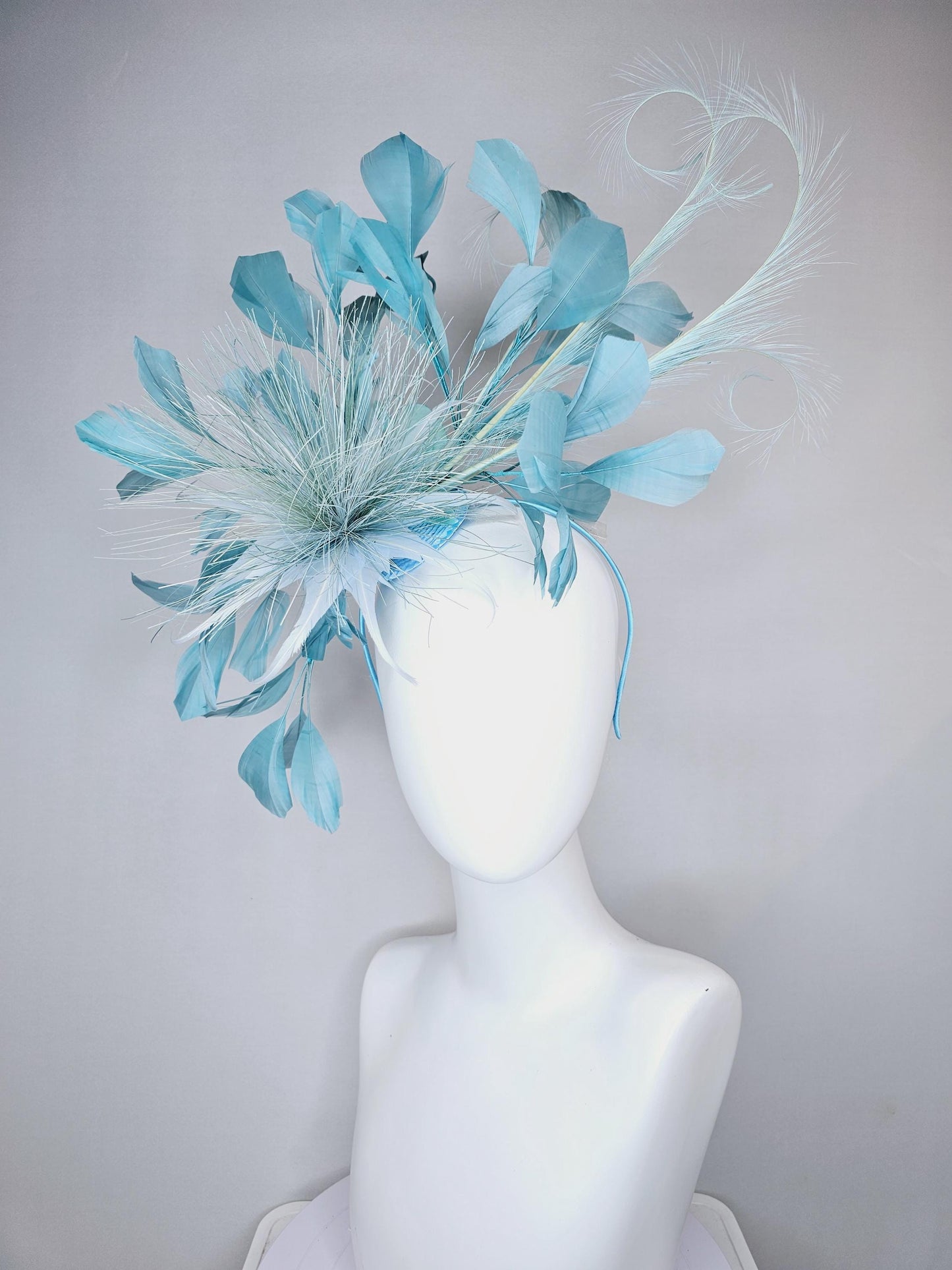 kentucky derby hat fascinator with light sky baby blue feather flower and light sky baby blue feathers, thin headband