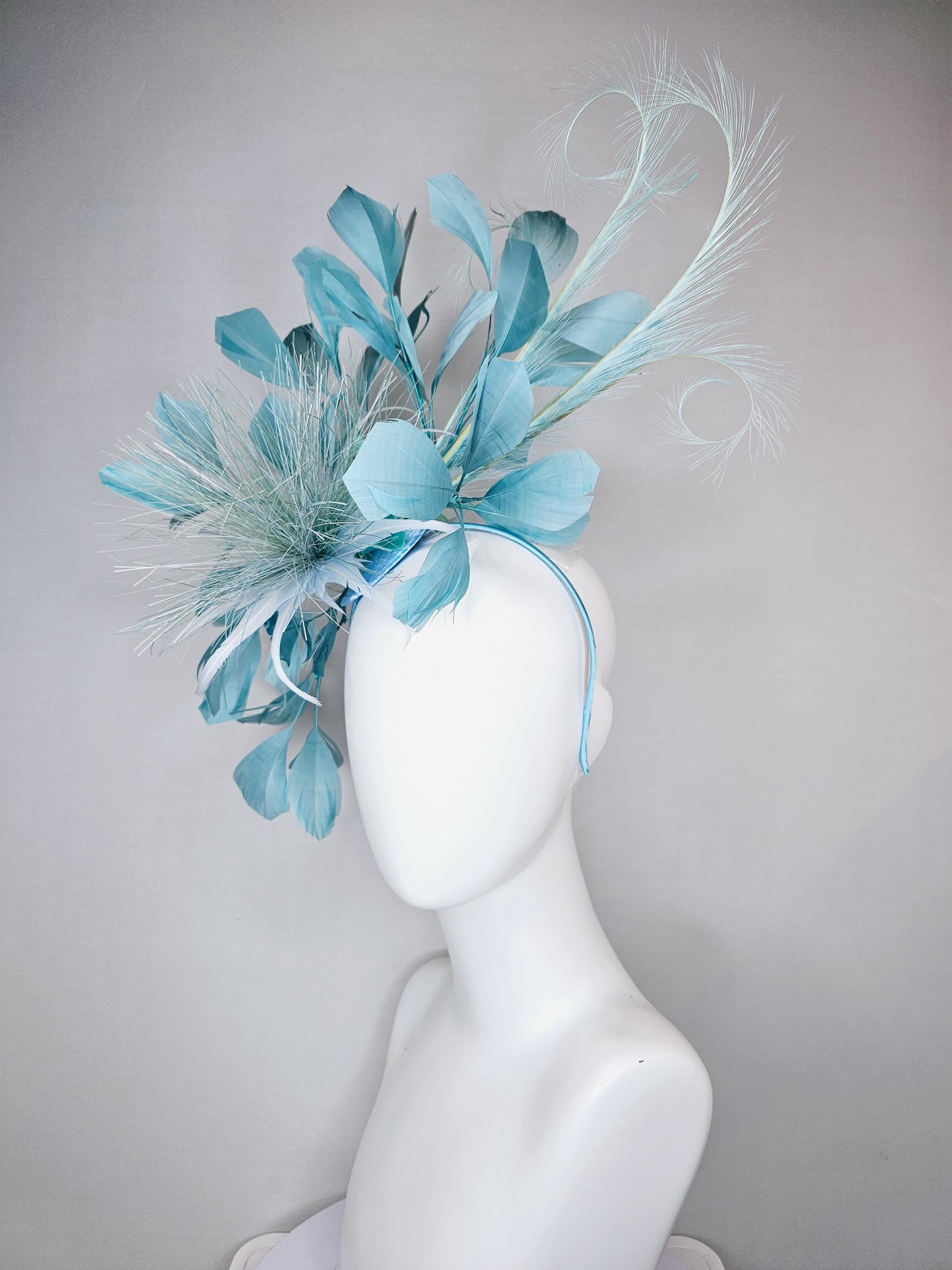 kentucky derby hat fascinator with light sky baby blue feather flower and light sky baby blue feathers, thin headband