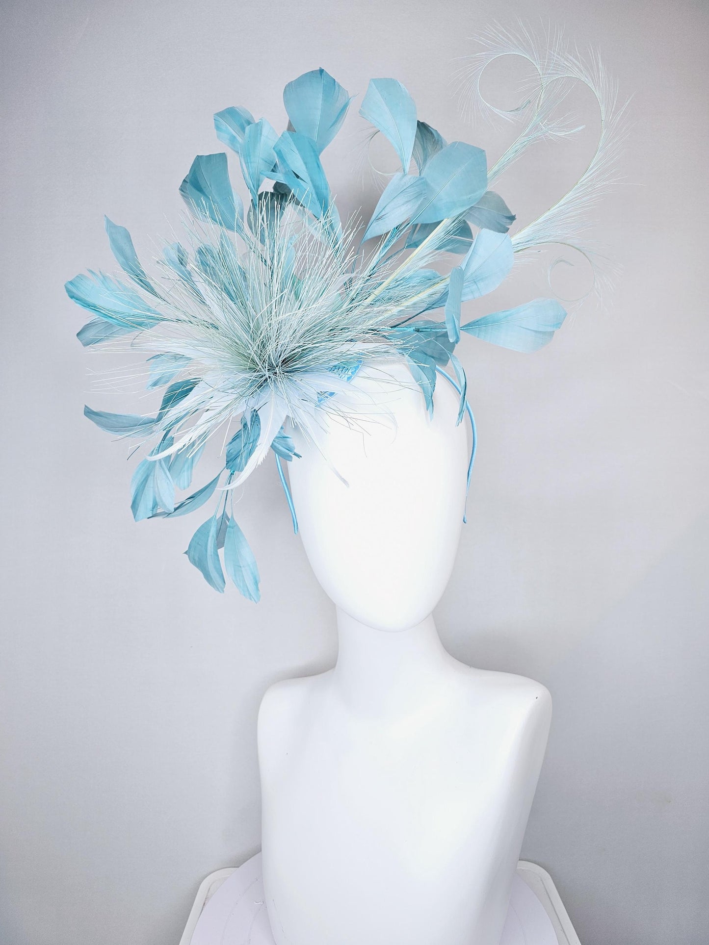 kentucky derby hat fascinator with light sky baby blue feather flower and light sky baby blue feathers, thin headband