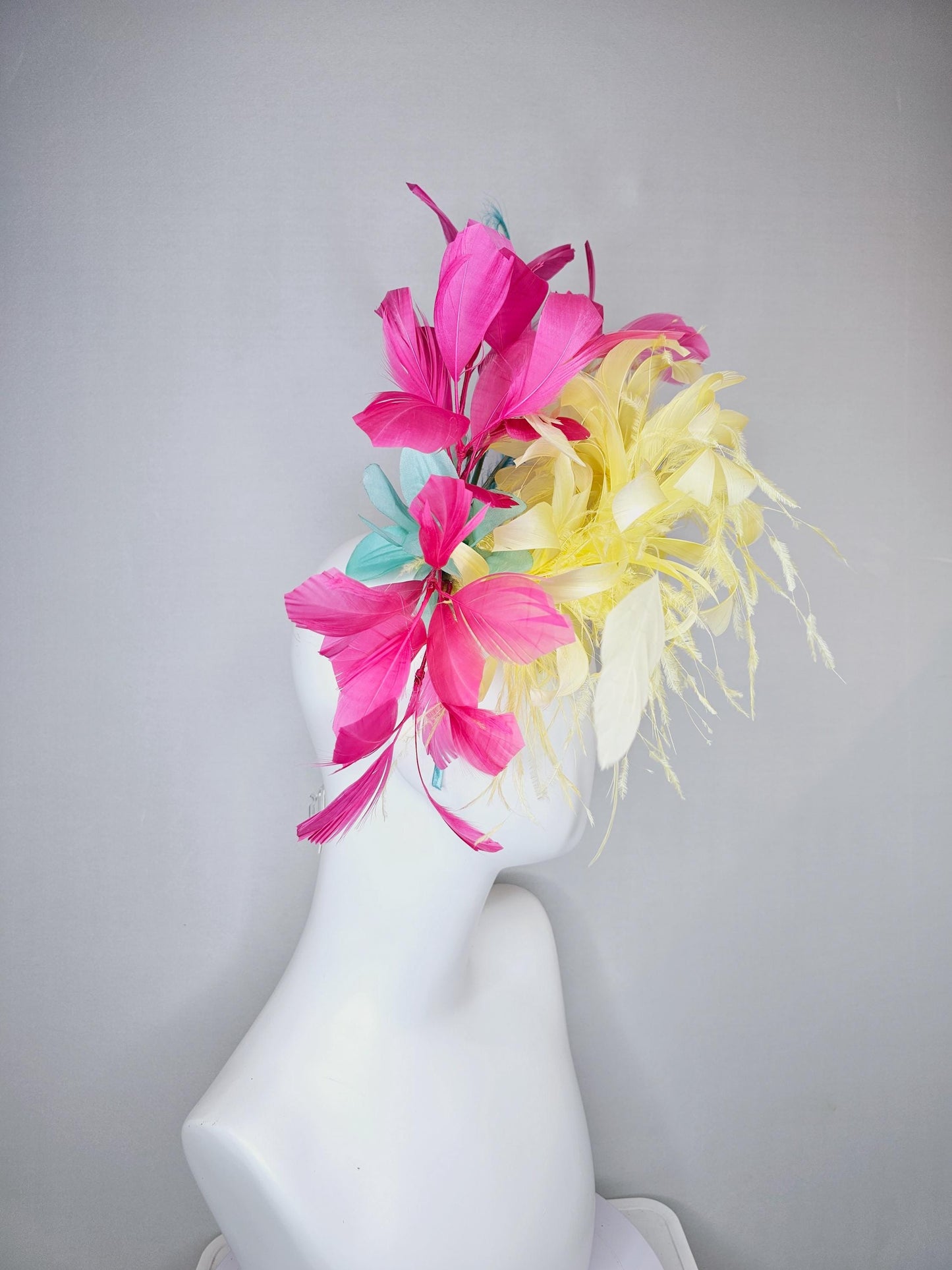 kentucky derby hat fascinator yellow fluffy feather flower with pink feathers, blue feathers, thin headband