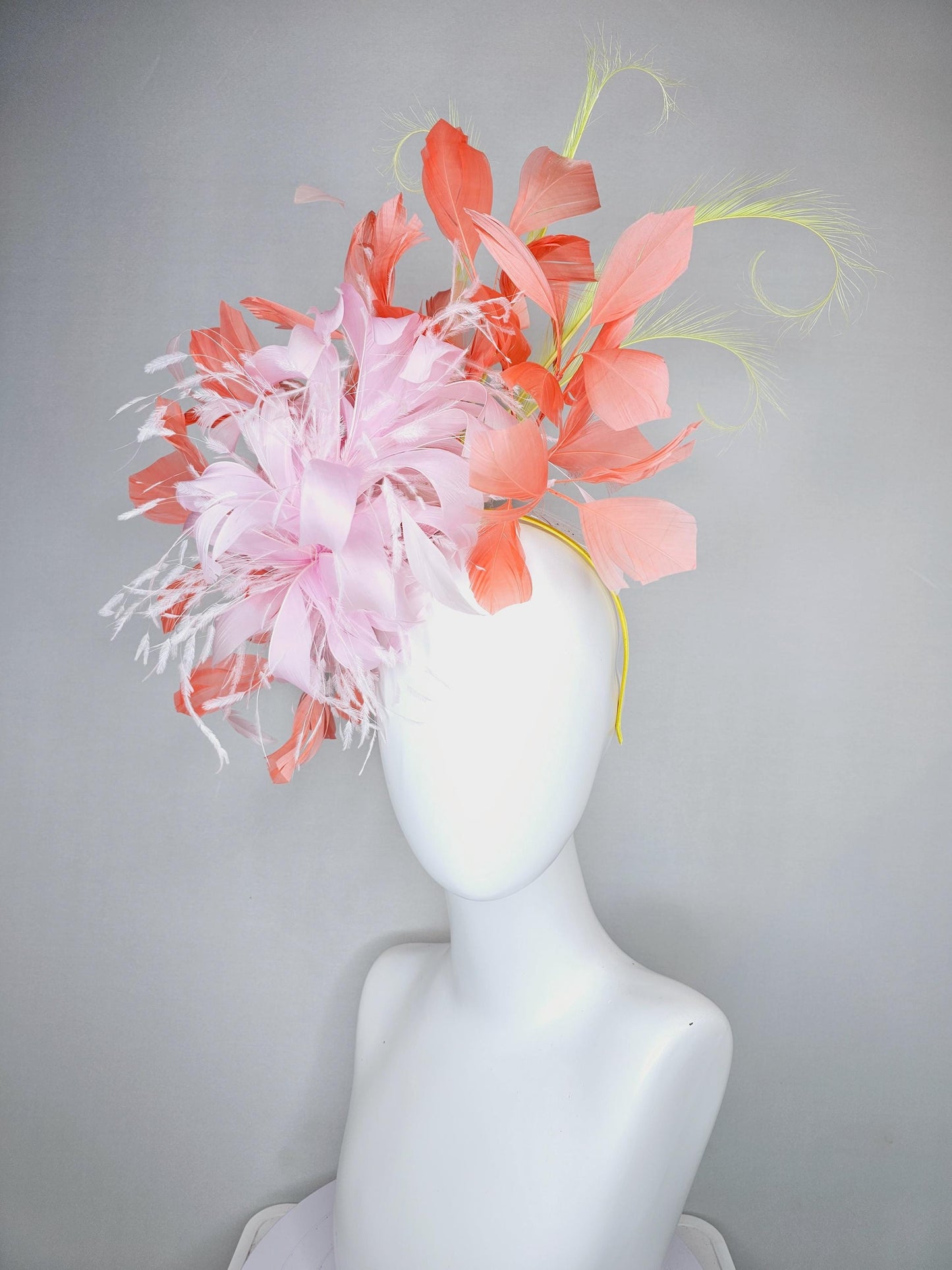 kentucky derby hat fascinator light pink fluffy feather flowers with coral orange feathers, yellow feathers, thin headband