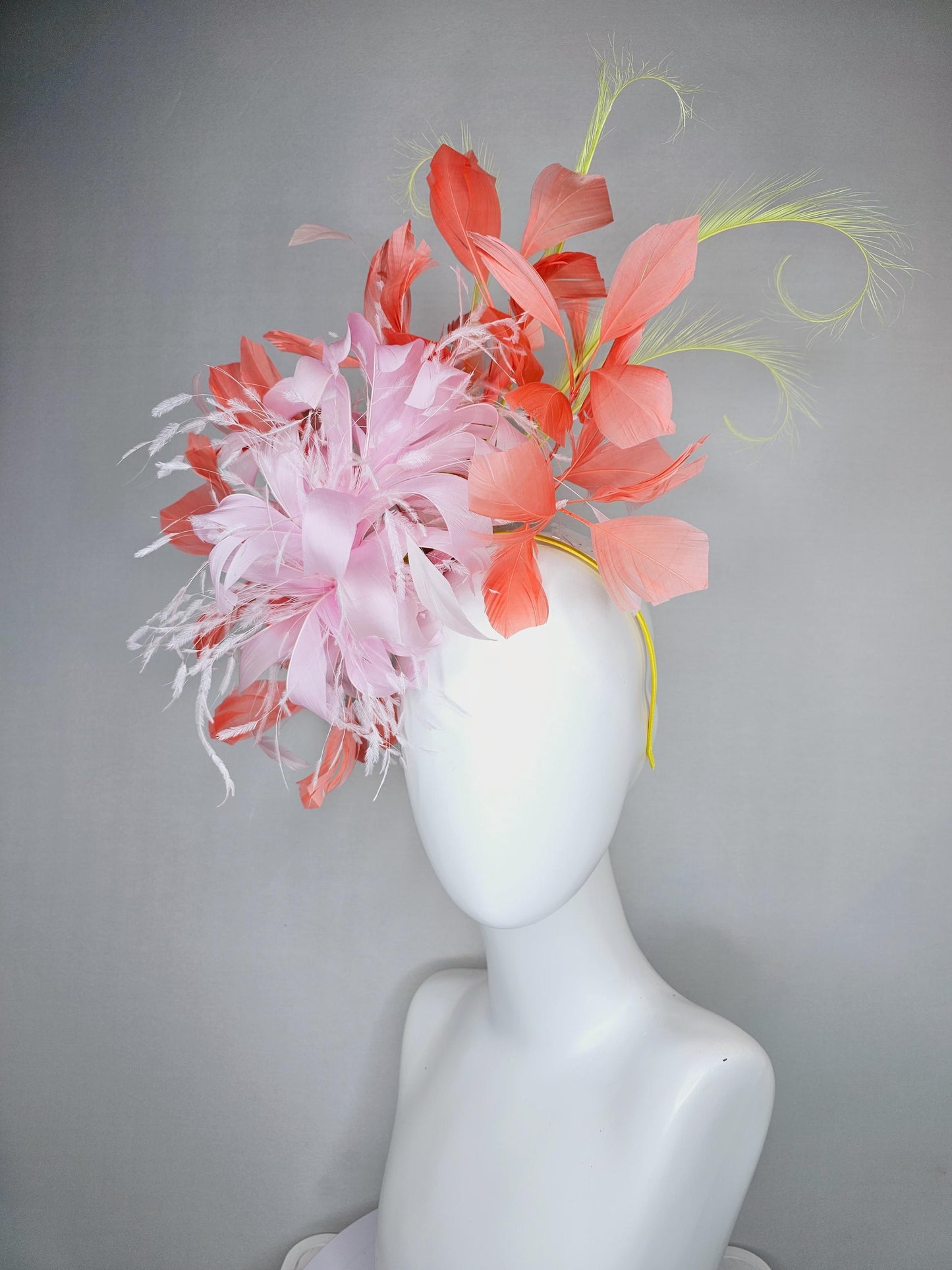 kentucky derby hat fascinator light pink fluffy feather flowers with coral orange feathers, yellow feathers, thin headband