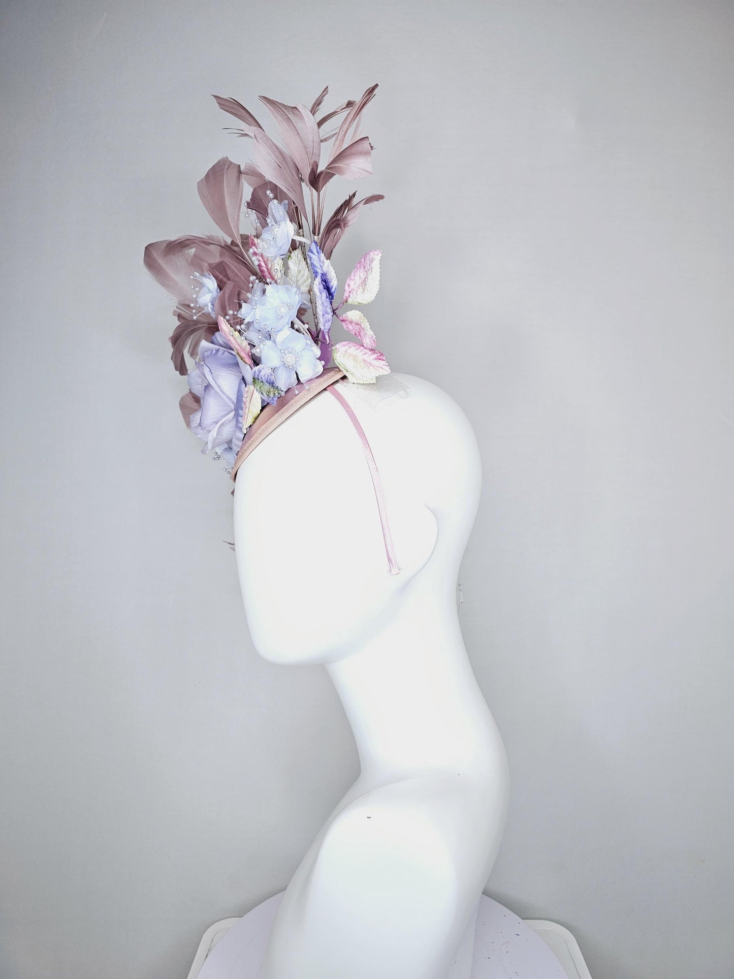 kentucky derby hat fascinator light pink satin,light purple lavender satin rose flowers,ombre pink ombre purple leaves,taupe feathers