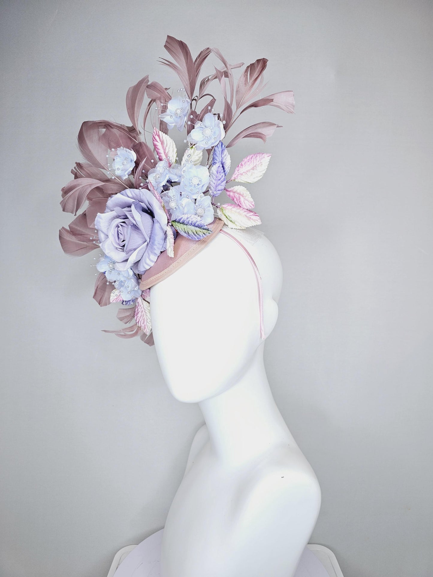 kentucky derby hat fascinator light pink satin,light purple lavender satin rose flowers,ombre pink ombre purple leaves,taupe feathers