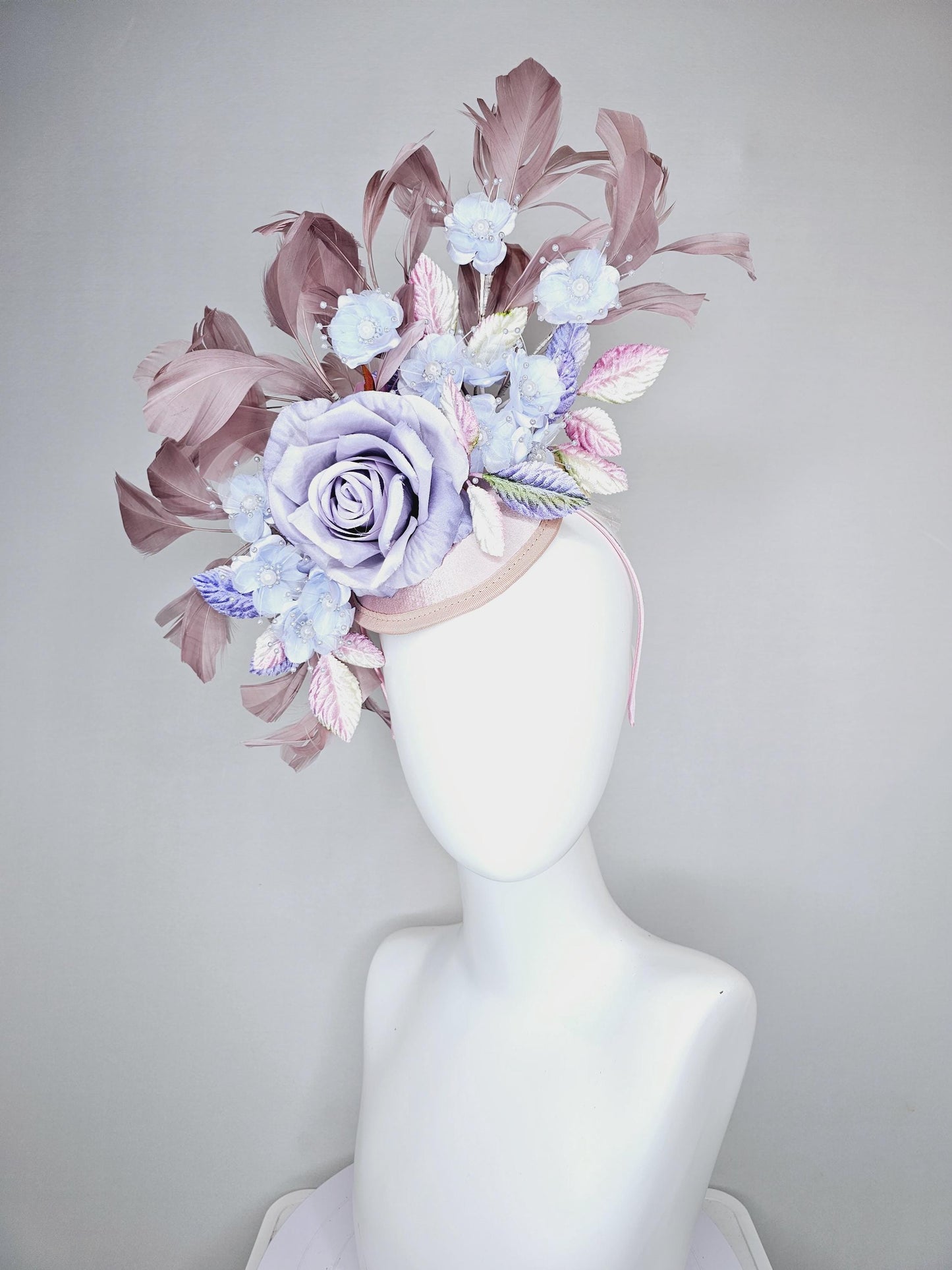 kentucky derby hat fascinator light pink satin,light purple lavender satin rose flowers,ombre pink ombre purple leaves,taupe feathers