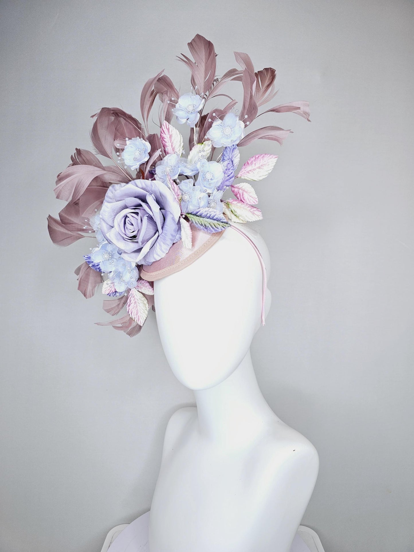 kentucky derby hat fascinator light pink satin,light purple lavender satin rose flowers,ombre pink ombre purple leaves,taupe feathers