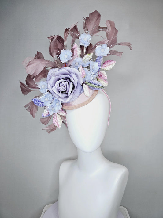 kentucky derby hat fascinator light pink satin,light purple lavender satin rose flowers,ombre pink ombre purple leaves,taupe feathers