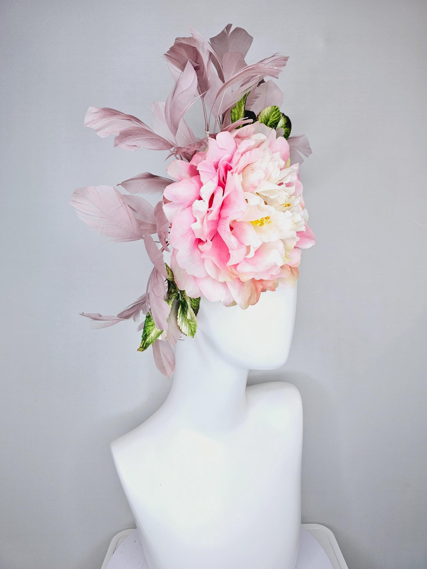 kentucky derby hat fascinator with large blush pink ombre satin silk flower with green ombre leaves and taupe feathers, thin headband