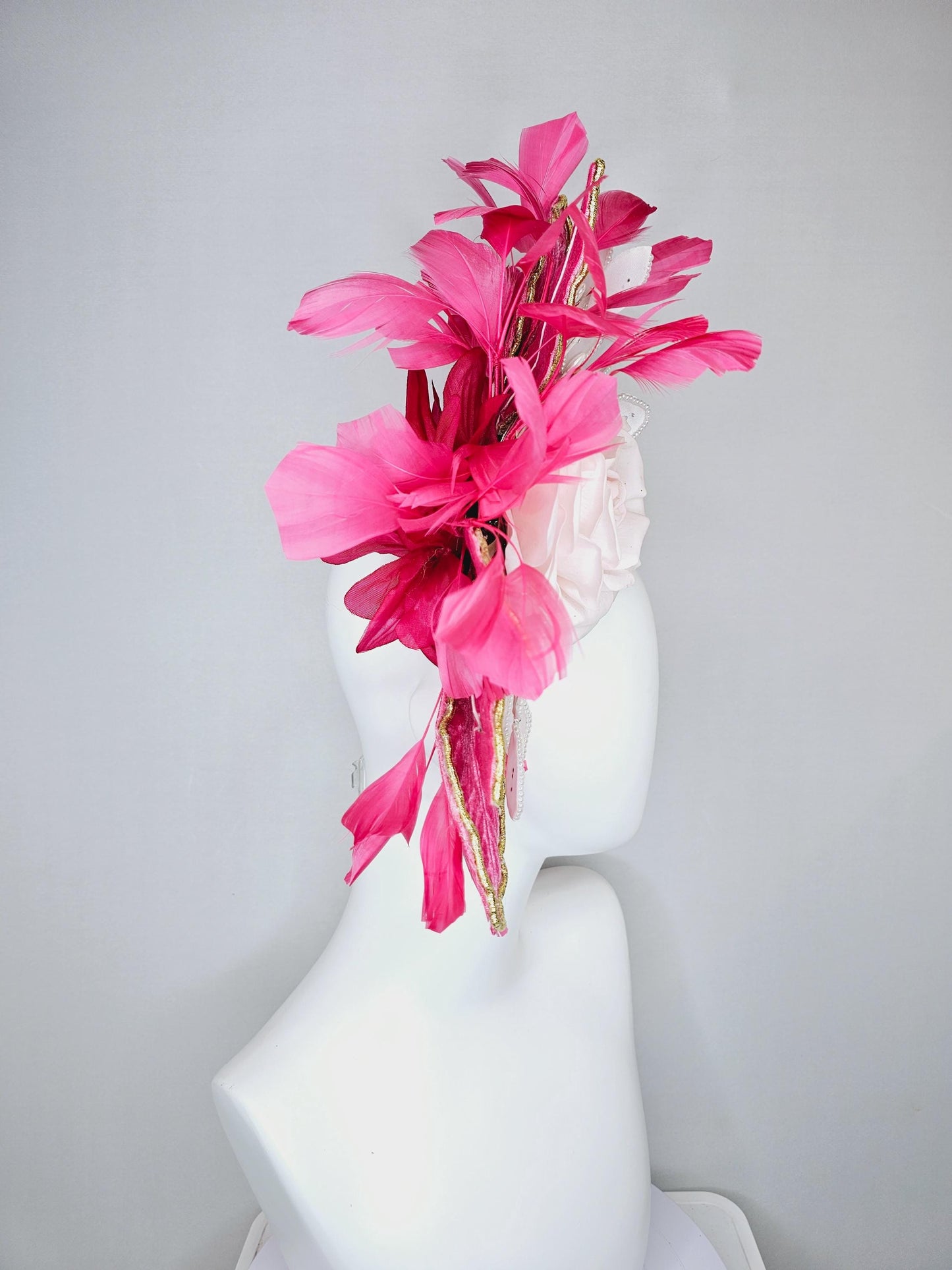 kentucky derby hat fascinator black sinamay with light pink silk rose flower,light pink pearl leaves,pink leaves gold edges,pink feathers