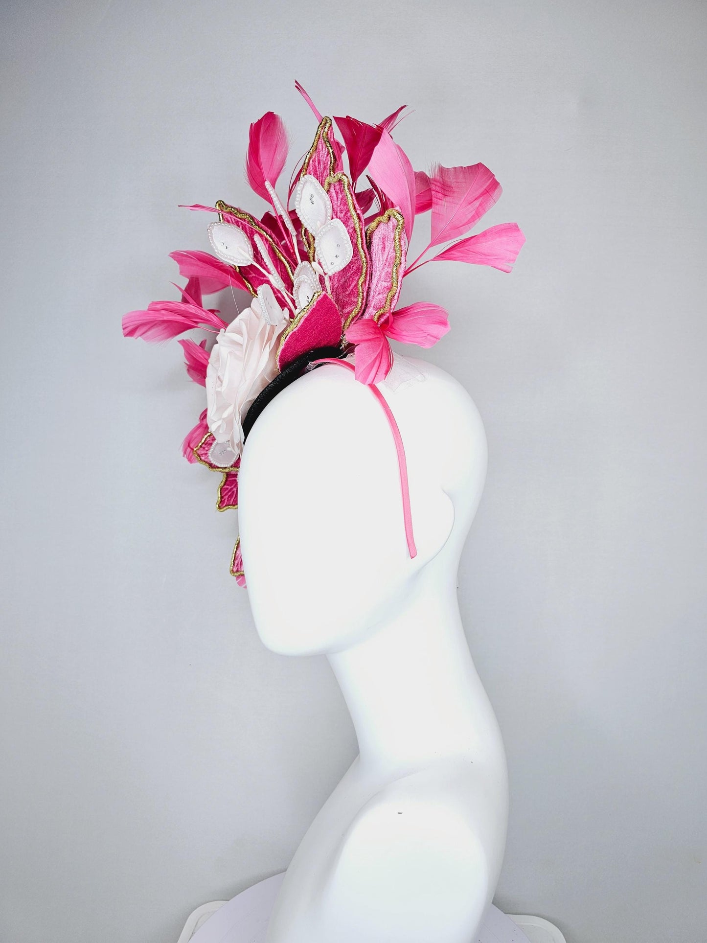 kentucky derby hat fascinator black sinamay with light pink silk rose flower,light pink pearl leaves,pink leaves gold edges,pink feathers