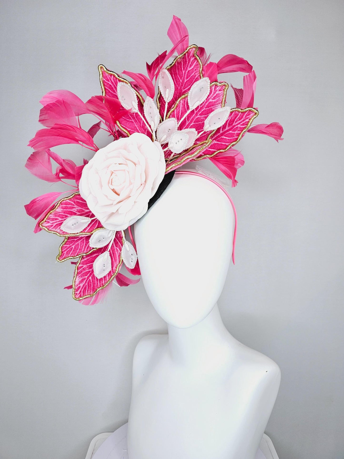 kentucky derby hat fascinator black sinamay with light pink silk rose flower,light pink pearl leaves,pink leaves gold edges,pink feathers