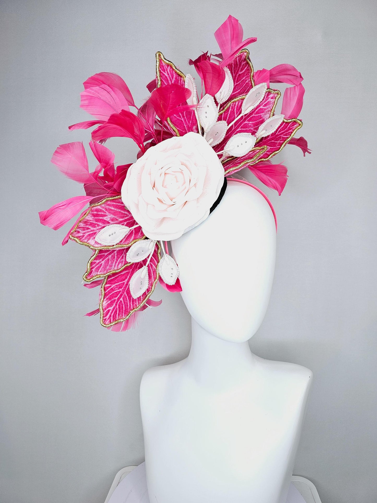 kentucky derby hat fascinator black sinamay with light pink silk rose flower,light pink pearl leaves,pink leaves gold edges,pink feathers