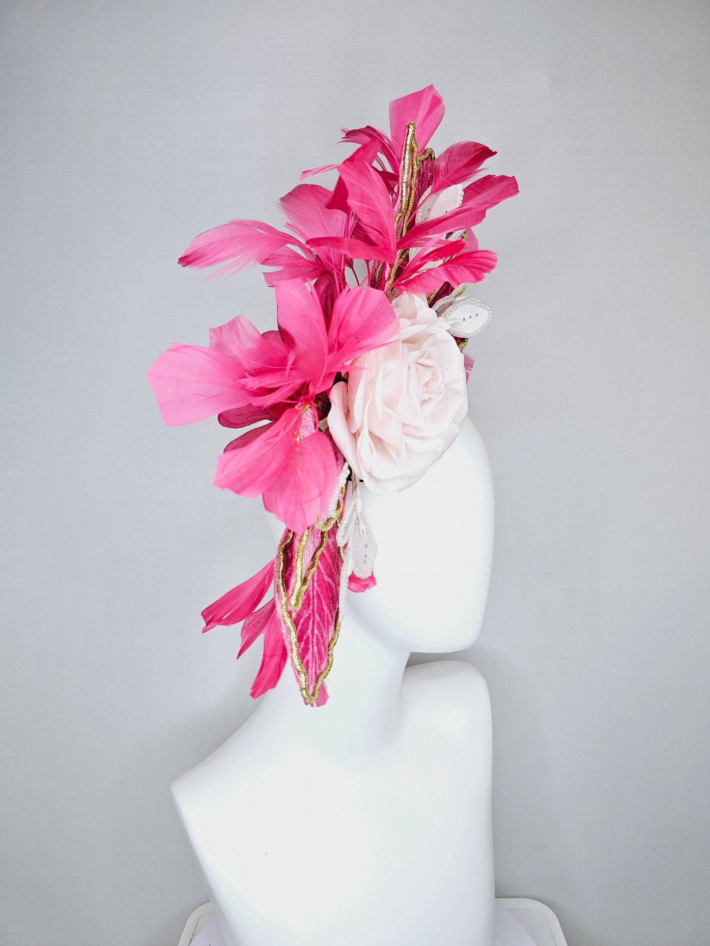 kentucky derby hat fascinator black sinamay with light pink silk rose flower,light pink pearl leaves,pink leaves gold edges,pink feathers