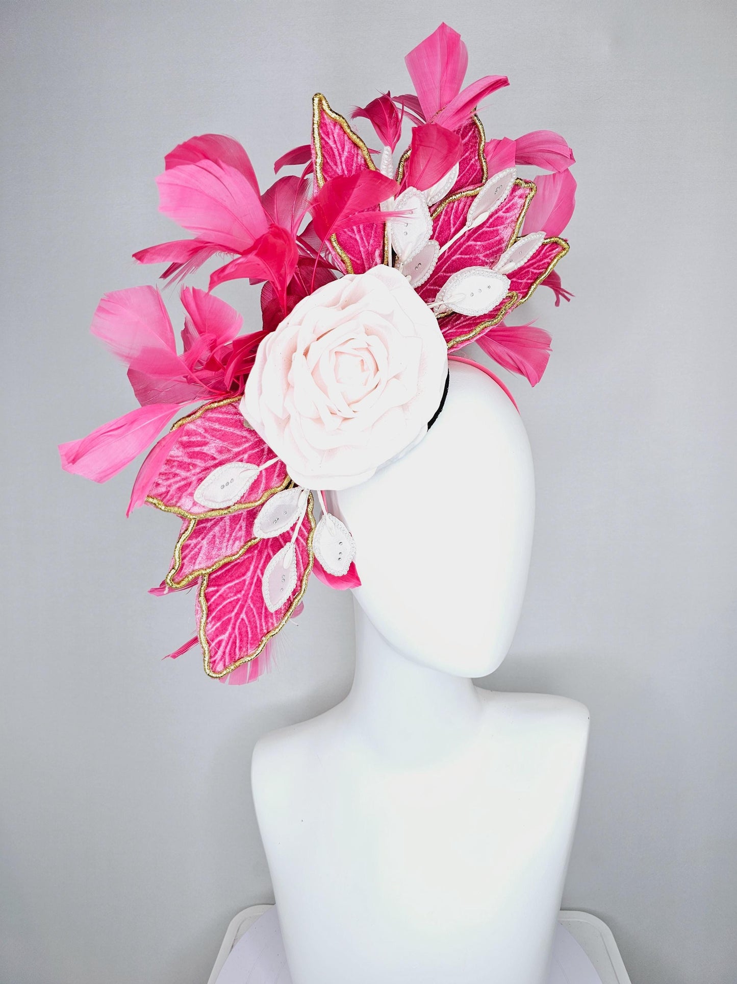 kentucky derby hat fascinator black sinamay with light pink silk rose flower,light pink pearl leaves,pink leaves gold edges,pink feathers