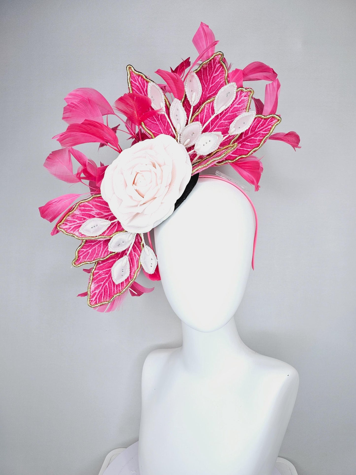 kentucky derby hat fascinator black sinamay with light pink silk rose flower,light pink pearl leaves,pink leaves gold edges,pink feathers