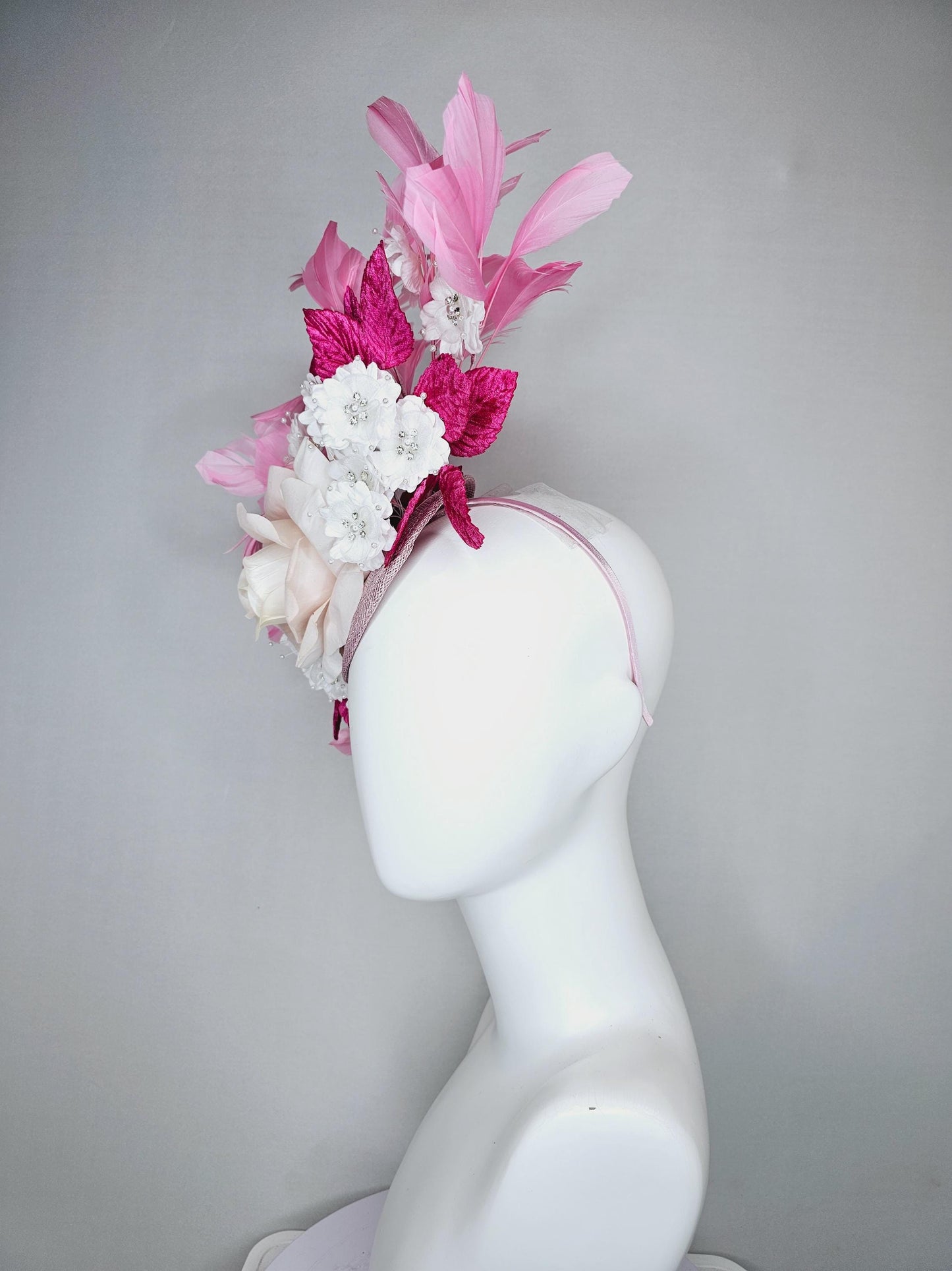 kentucky derby hat fascinator light pink sinamay with light pink silk rose flower,small white satin flowers,pink leaves,baby pink feathers