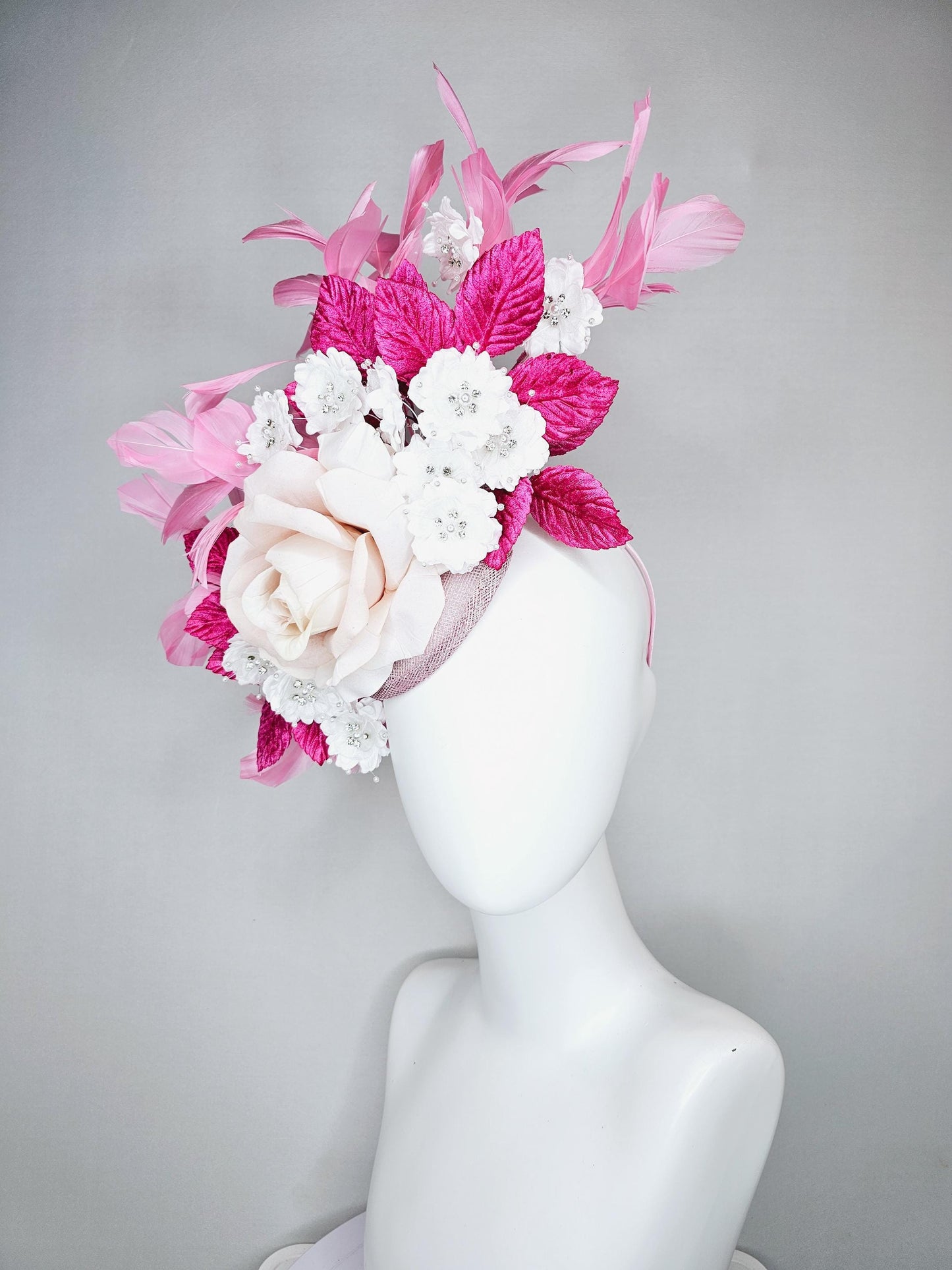 kentucky derby hat fascinator light pink sinamay with light pink silk rose flower,small white satin flowers,pink leaves,baby pink feathers