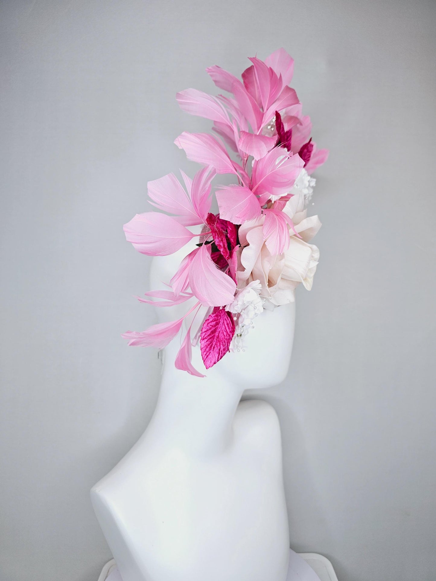 kentucky derby hat fascinator light pink sinamay with light pink silk rose flower,small white satin flowers,pink leaves,baby pink feathers